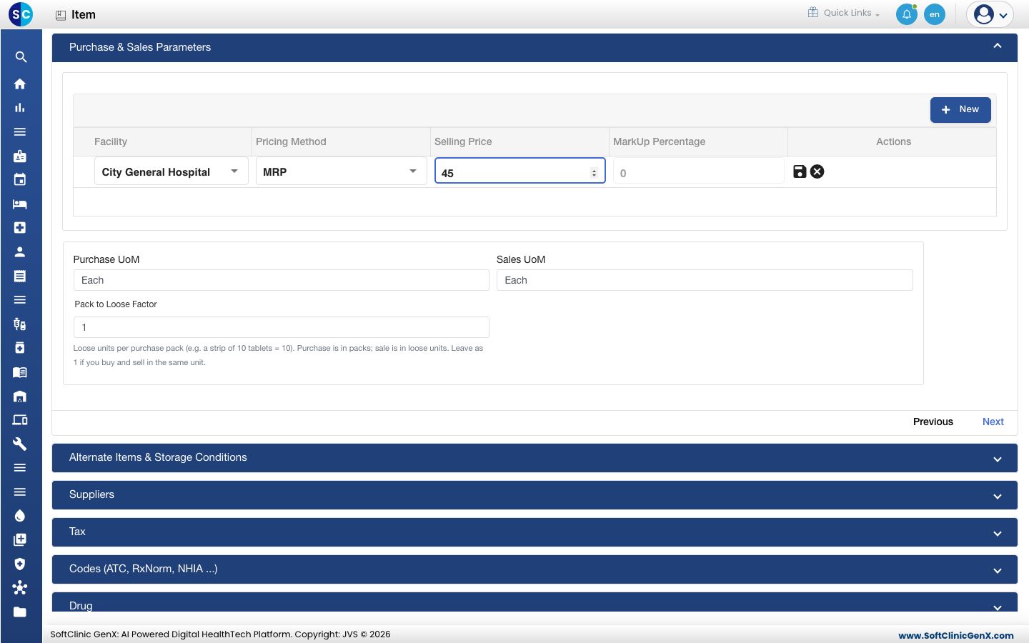 The Purchase &amp; Sales Parameters section with a price row