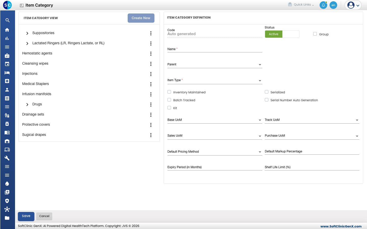 The empty Item Category Definition form