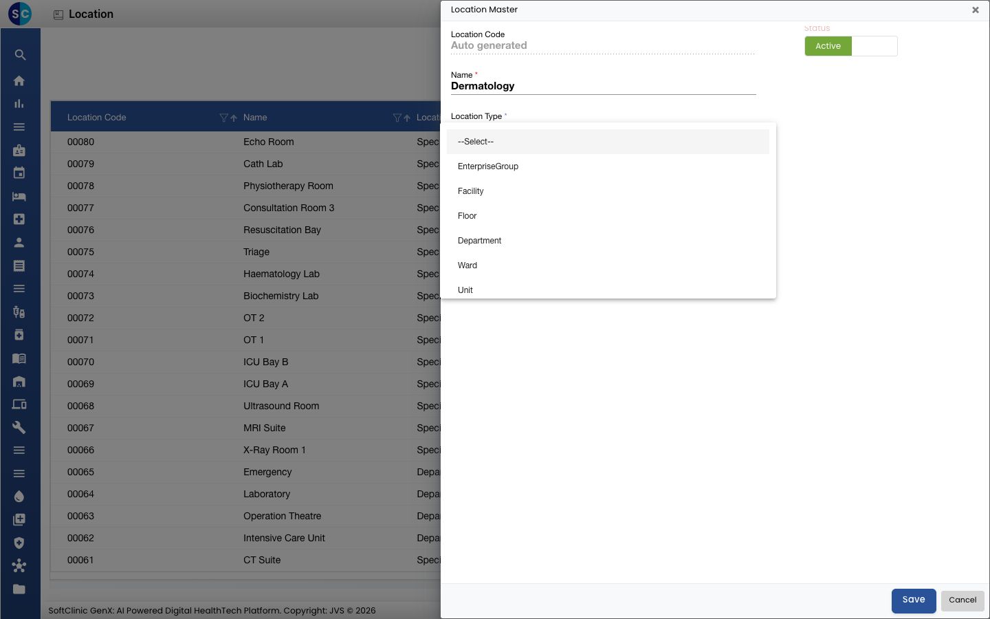 The Location Type list: EnterpriseGroup, Facility, Floor, Department, Ward, Unit and more