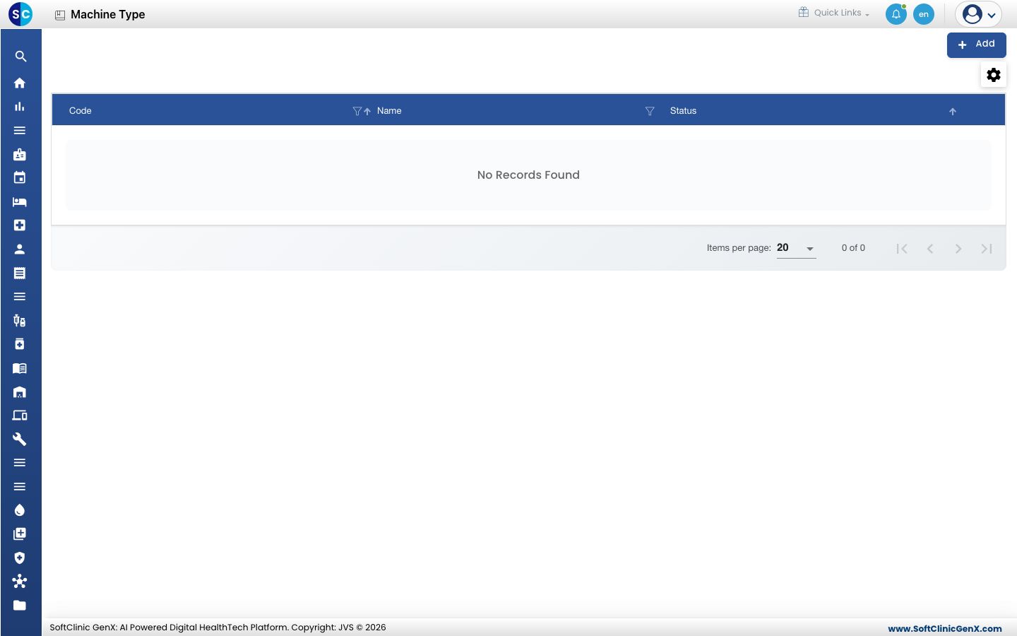 The Machine Type list, empty on a new setup