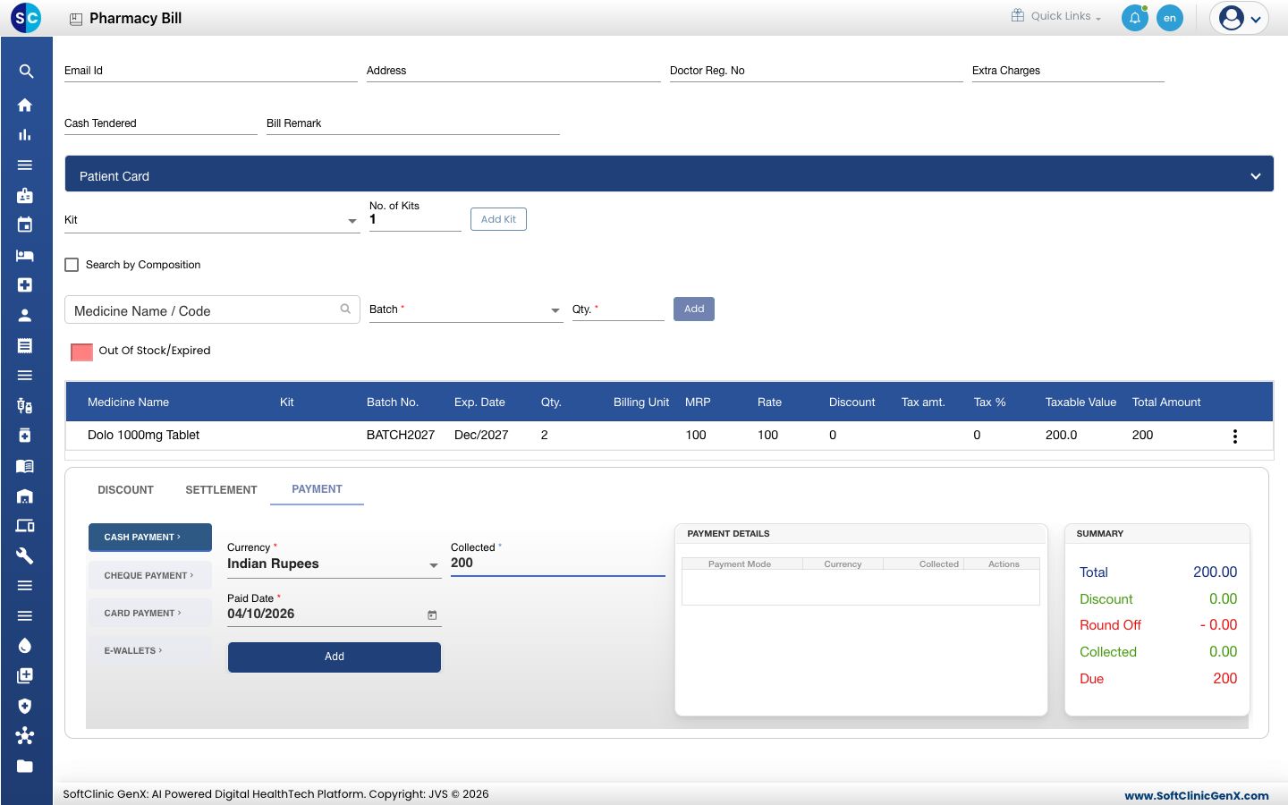 The PAYMENT tab with the amount entered