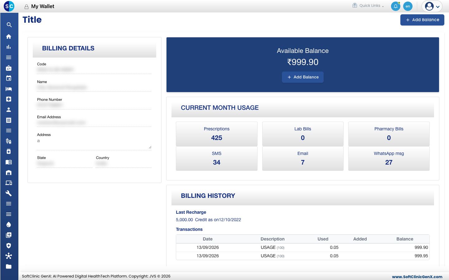 My Wallet with balance, monthly usage and transactions
