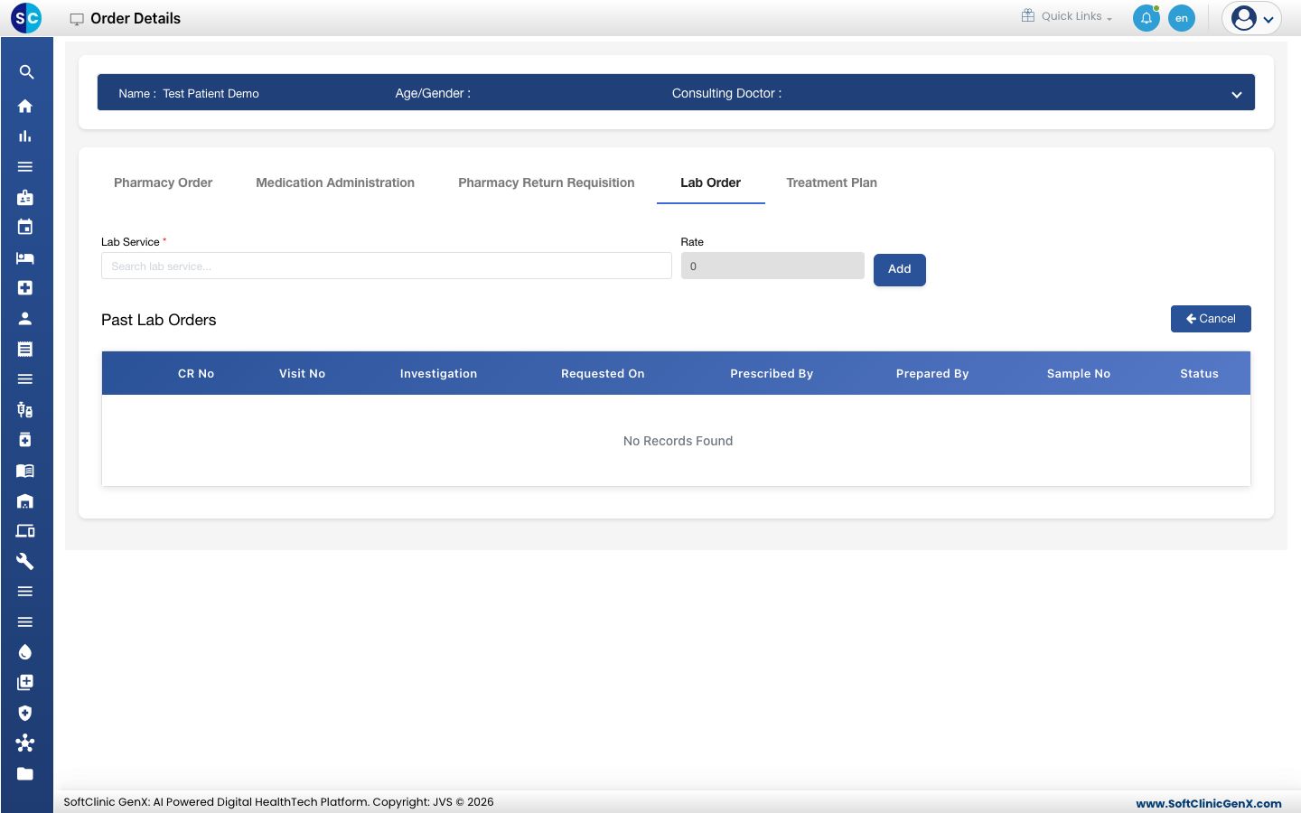 The Lab Order tab