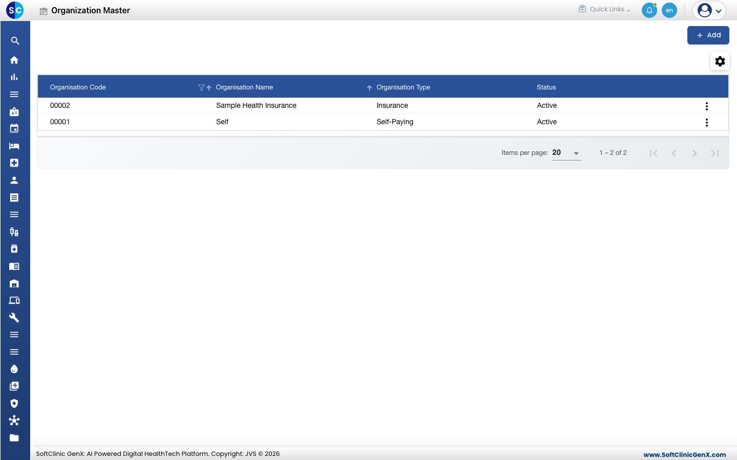 The Organization Master list with code, name, type and status