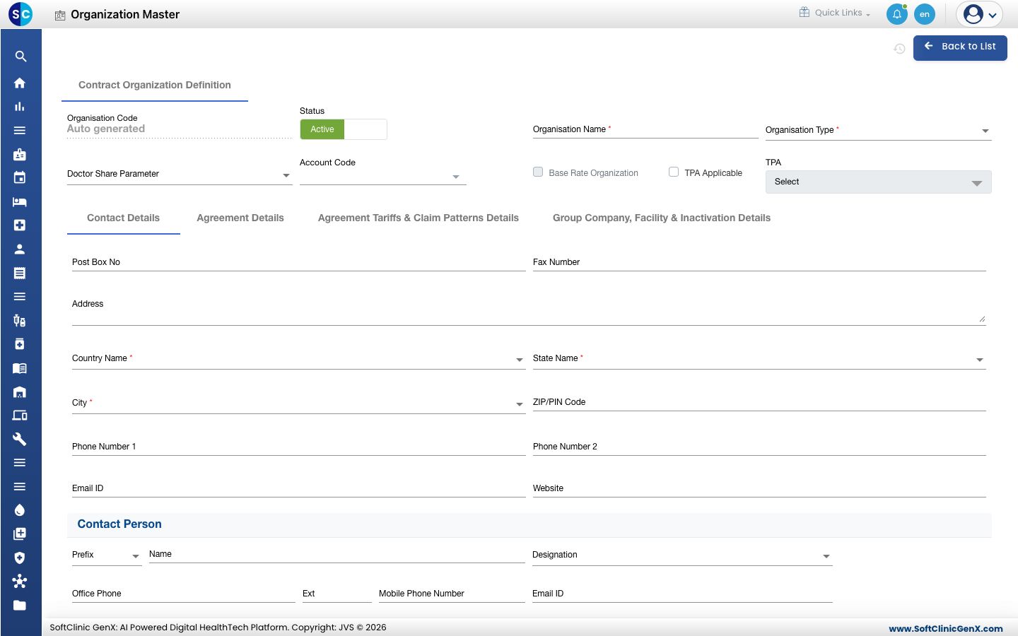The Contract Organization Definition page on the Contact Details tab