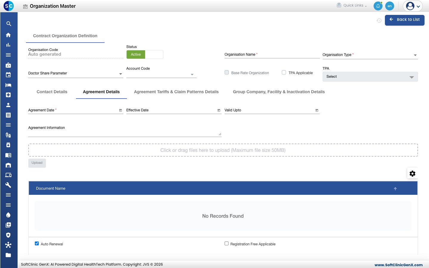 The Agreement Details tab with agreement dates, document upload and renewal options