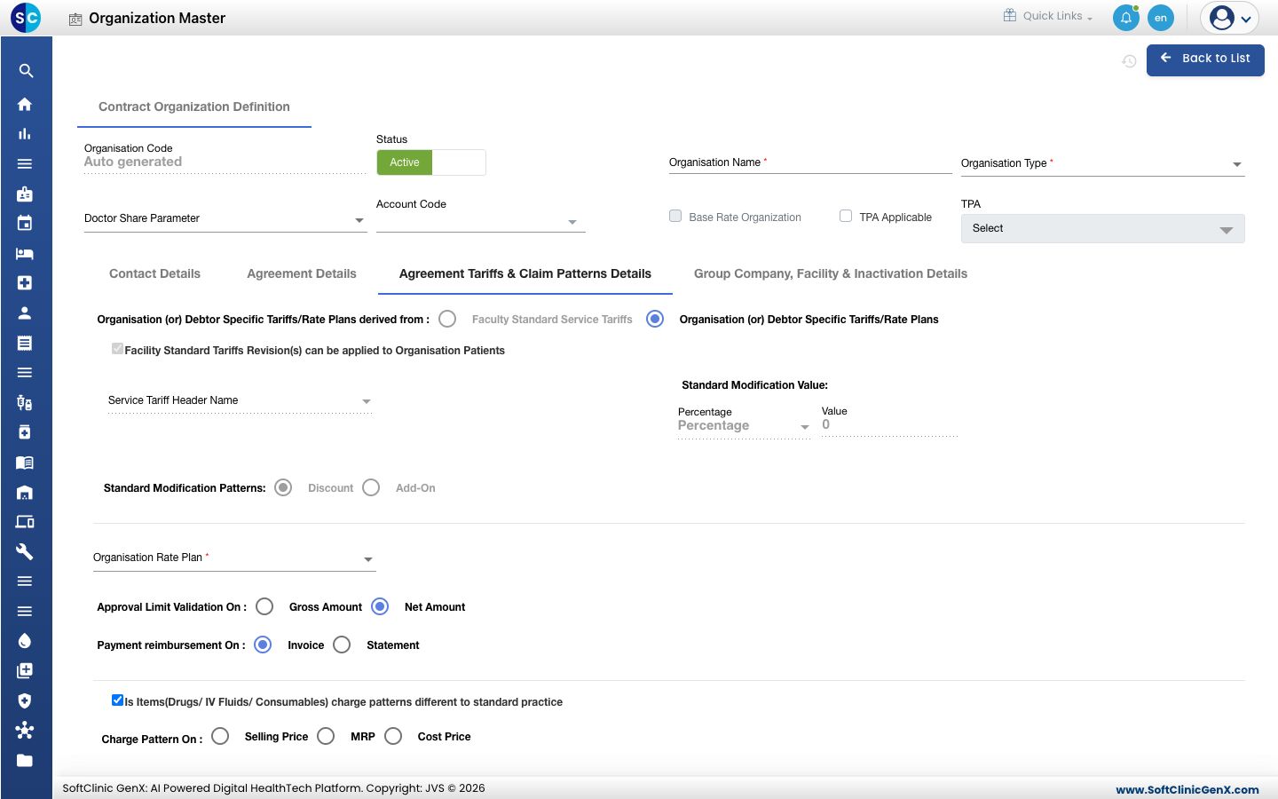 The Agreement Tariffs &amp; Claim Patterns Details tab with the Organisation Rate Plan field