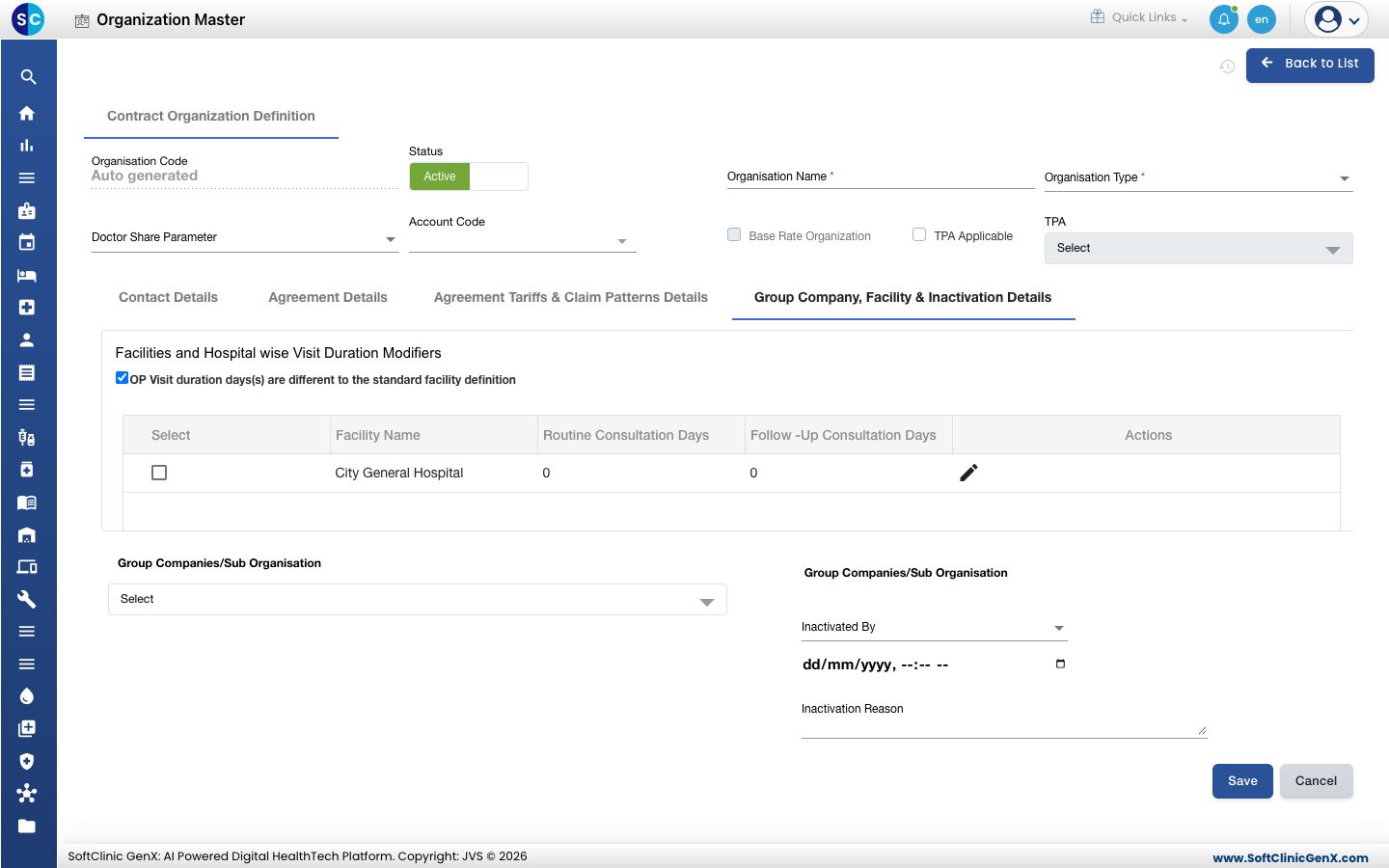 The Group Company, Facility &amp; Inactivation Details tab