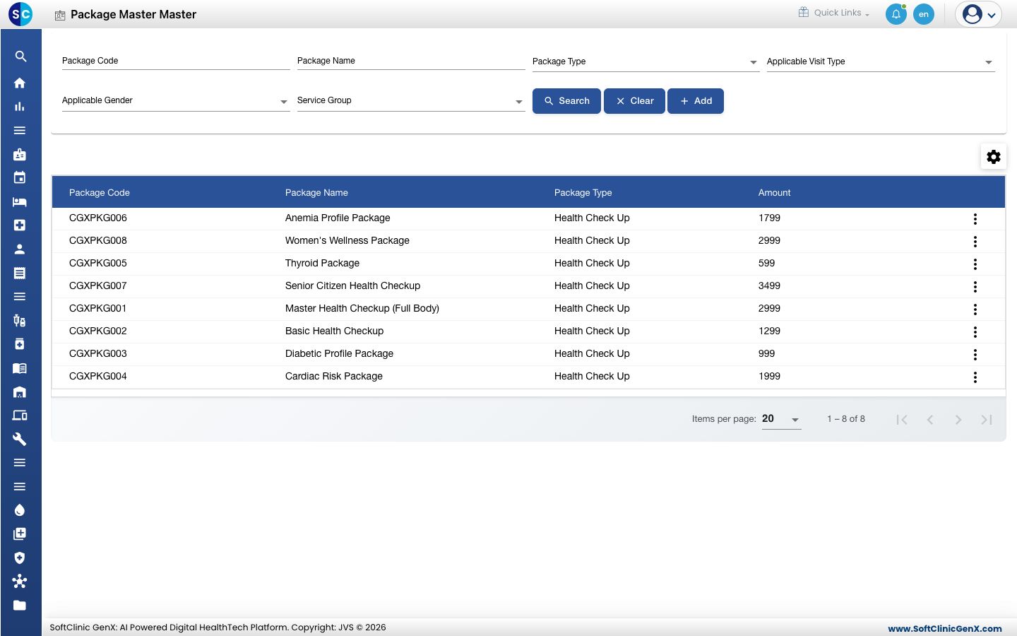 The Package Master list with search filters, package code, name, type and amount