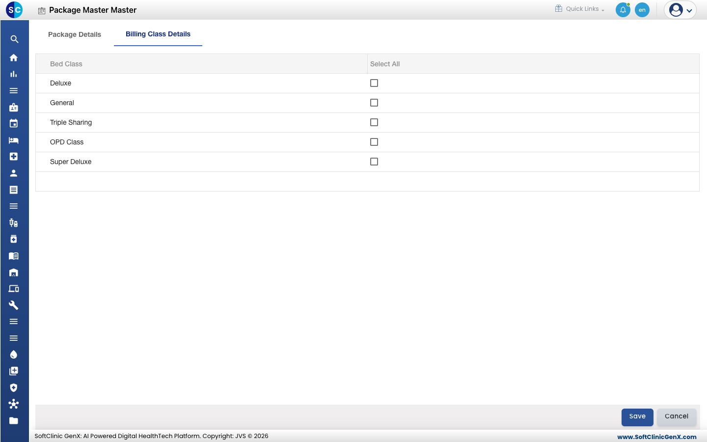 The Billing Class Details tab listing bed classes