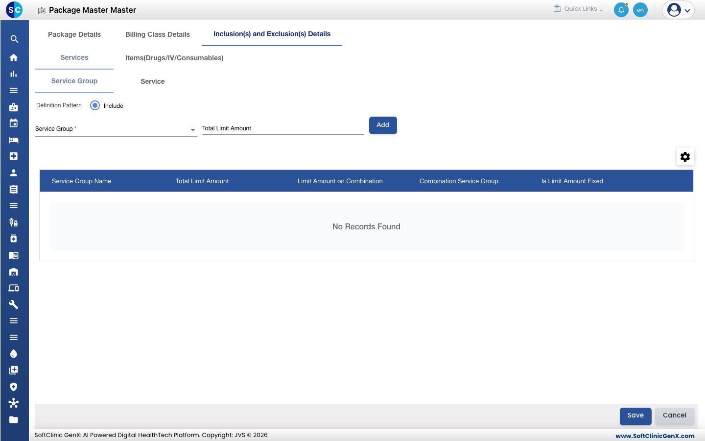 The Inclusion(s) and Exclusion(s) Details tab with the Service Group sub-tab