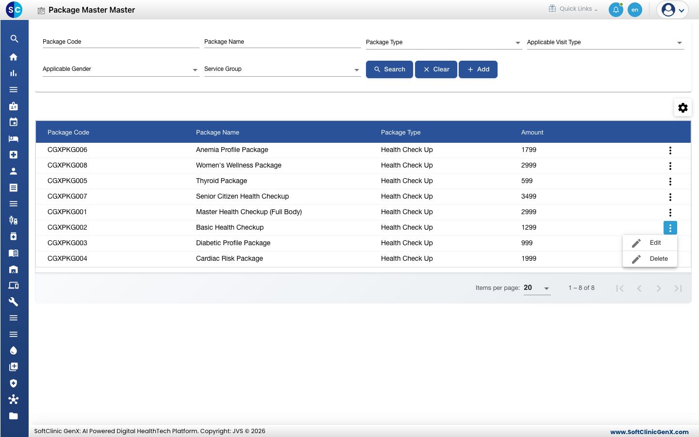 The row menu with the Edit and Delete options