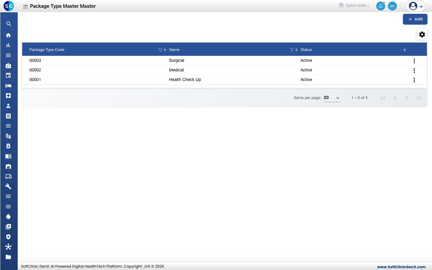 The Package Type Master list with code, name and status