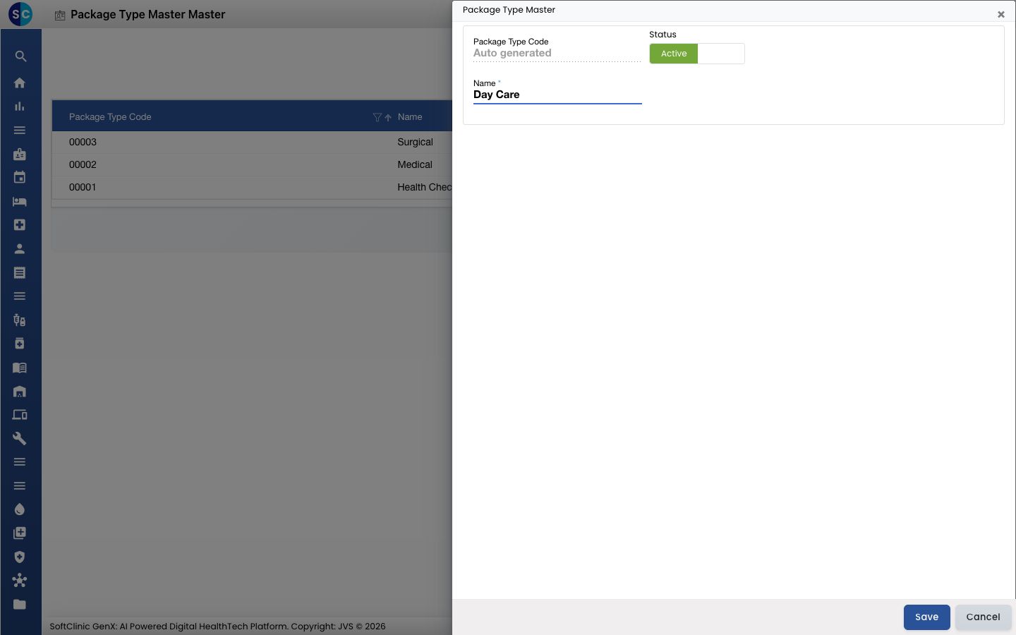 The Package Type Master form with a name entered