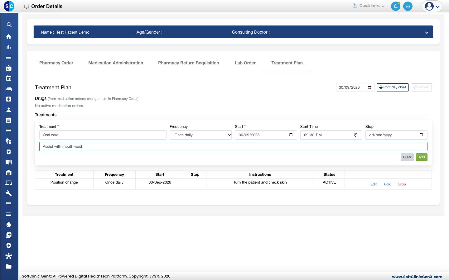 The treatment form with one treatment already listed