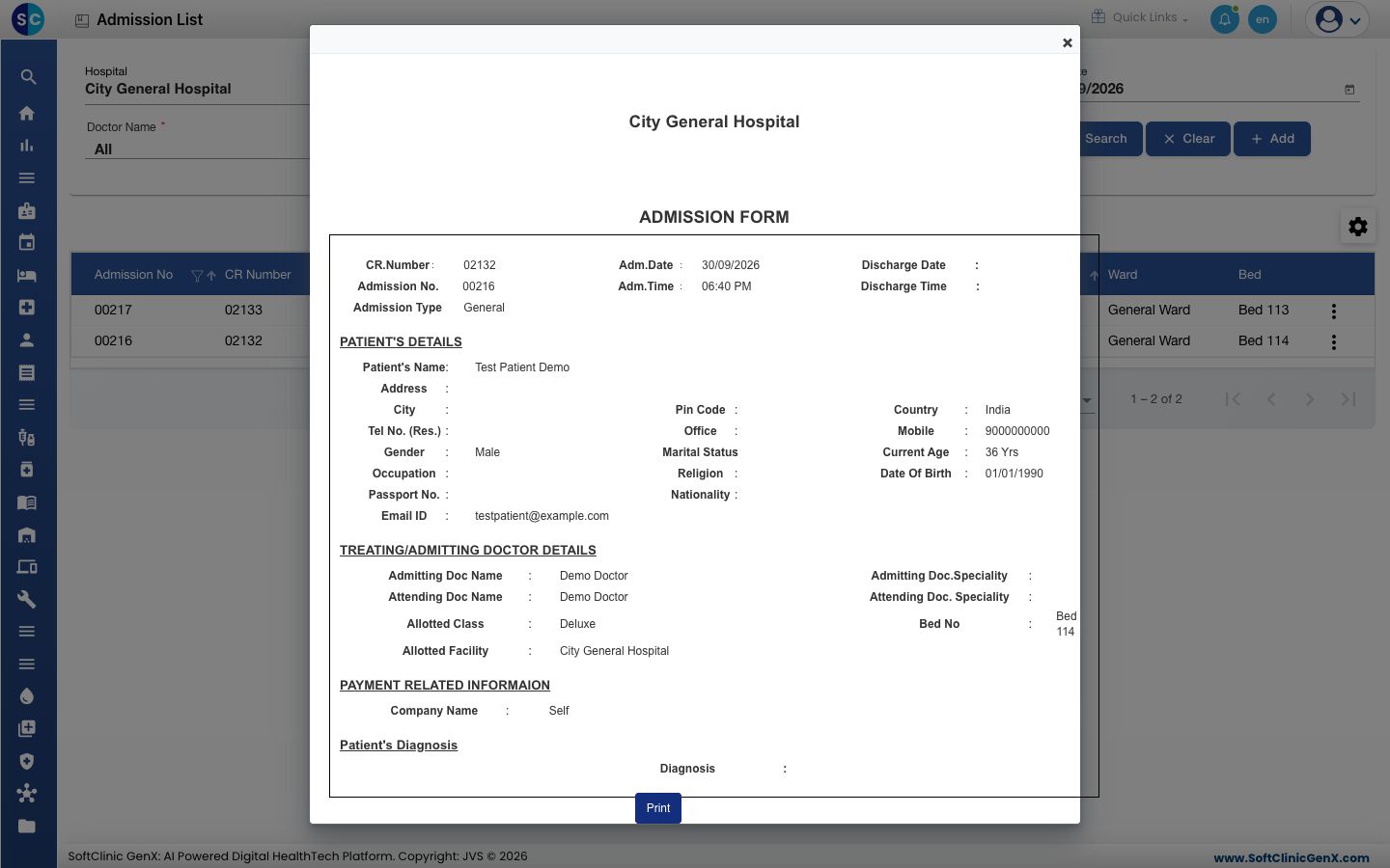 The admission form preview