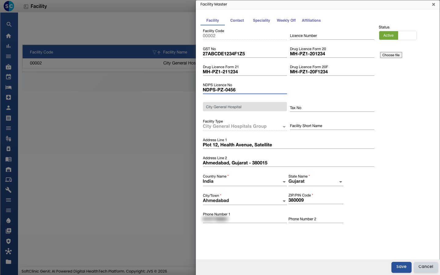 The Facility tab with the GST and drug licence fields filled in