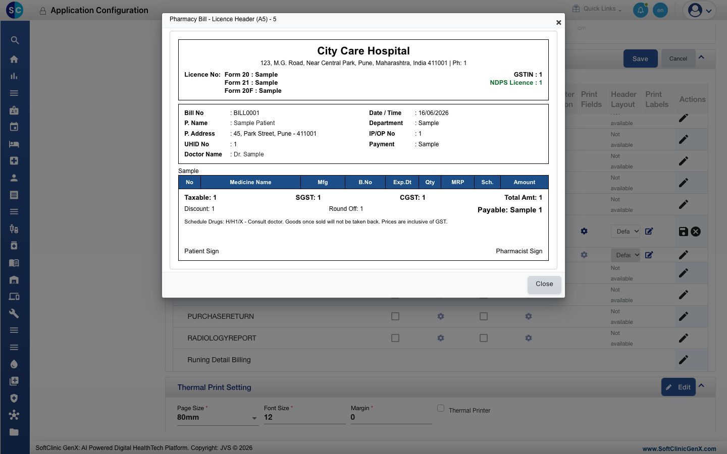 The preview of the licence header layout with sample data