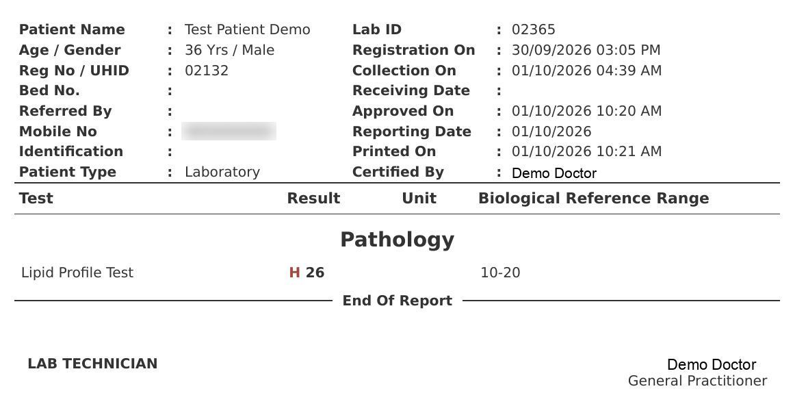 A printed report with an abnormal result flagged H against its reference range