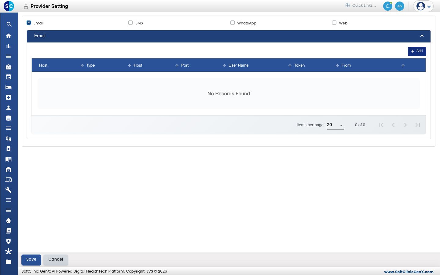 The Email panel with its list of mail servers