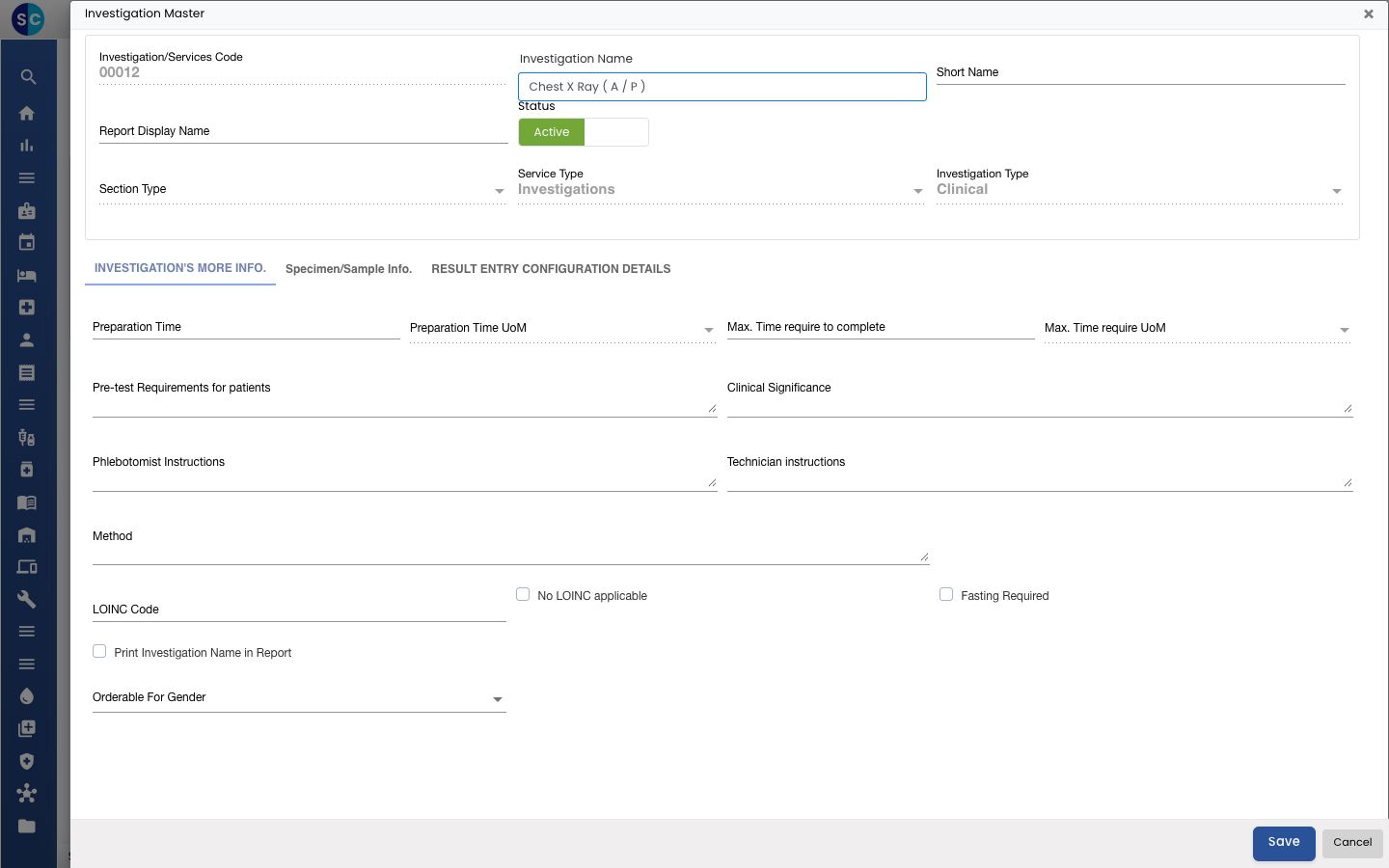 The form after a radiology service is picked, with the test tabs
