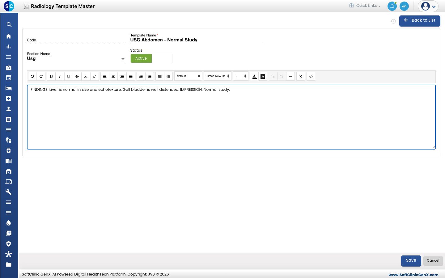 A new template with its name, section and report text
