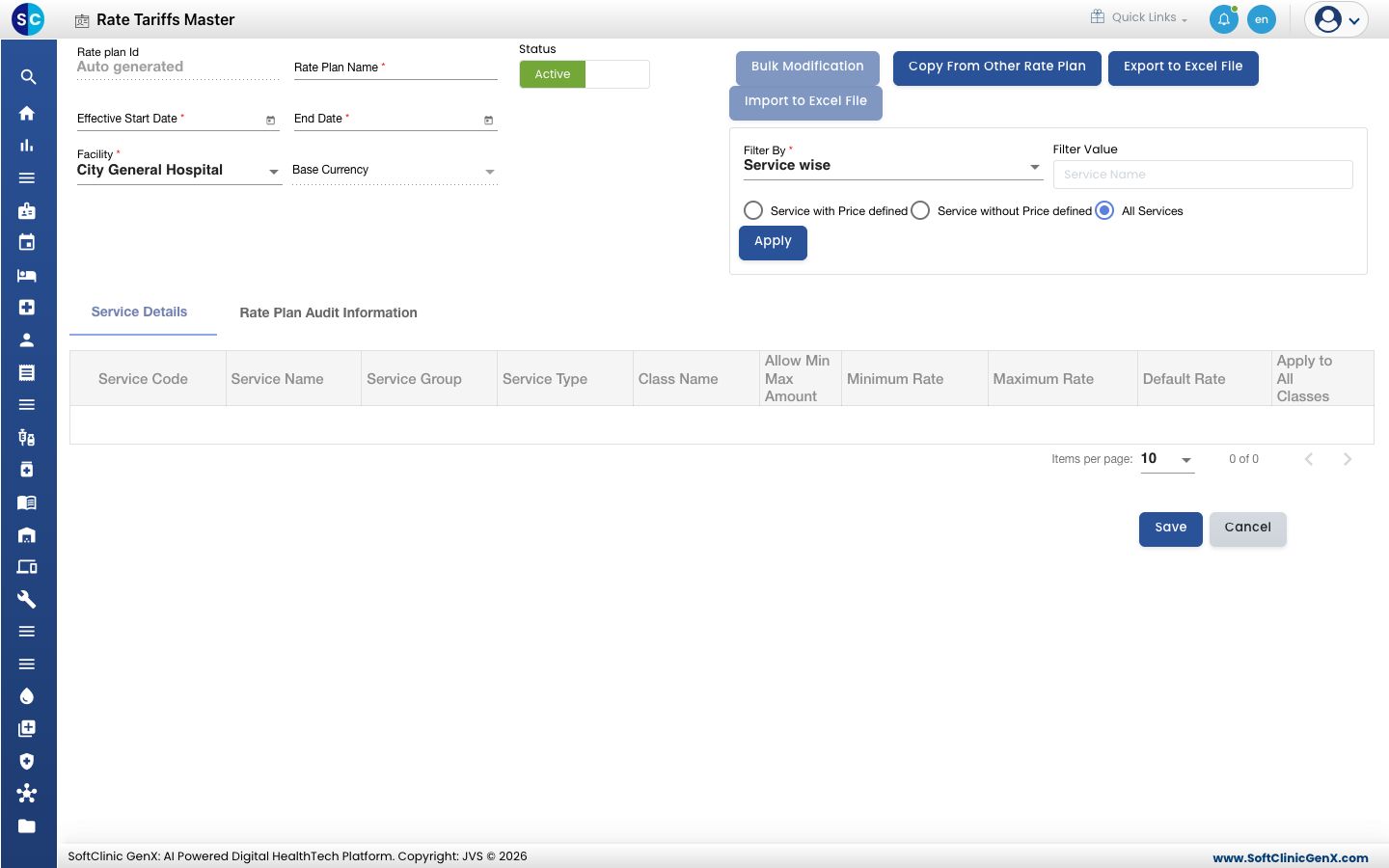 A new rate plan form with the filter panel and the empty Service Details grid
