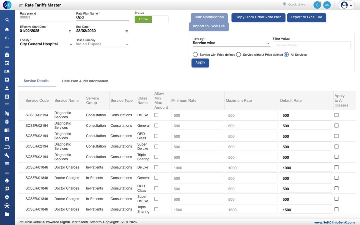 Service Details with a Default Rate for each service and bed class