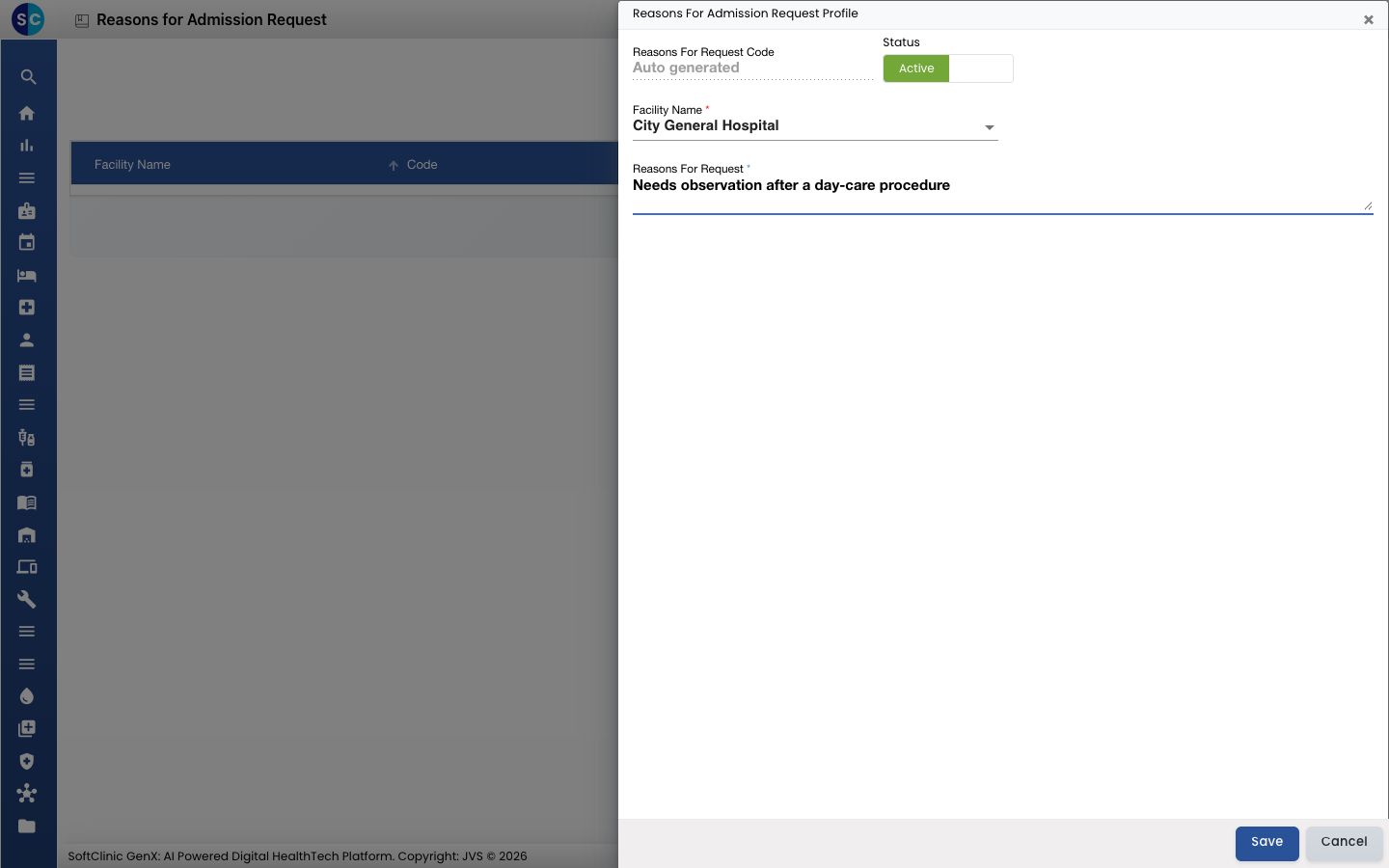 The Reasons For Admission Request Profile form with a reason entered