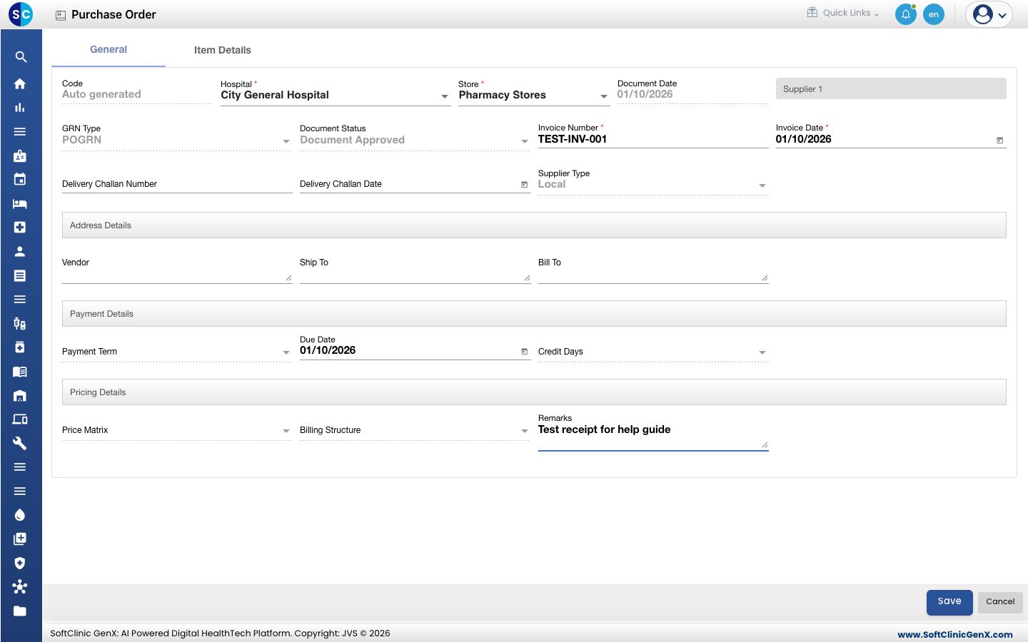 The General tab of a GRN with the supplier, invoice number and invoice date filled in