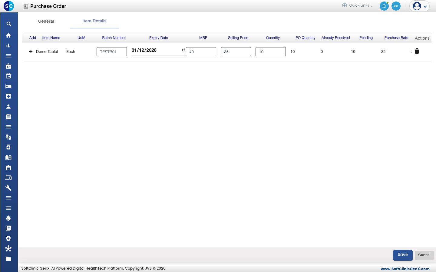 The Item Details tab with batch number, expiry date, MRP, selling price and quantity entered