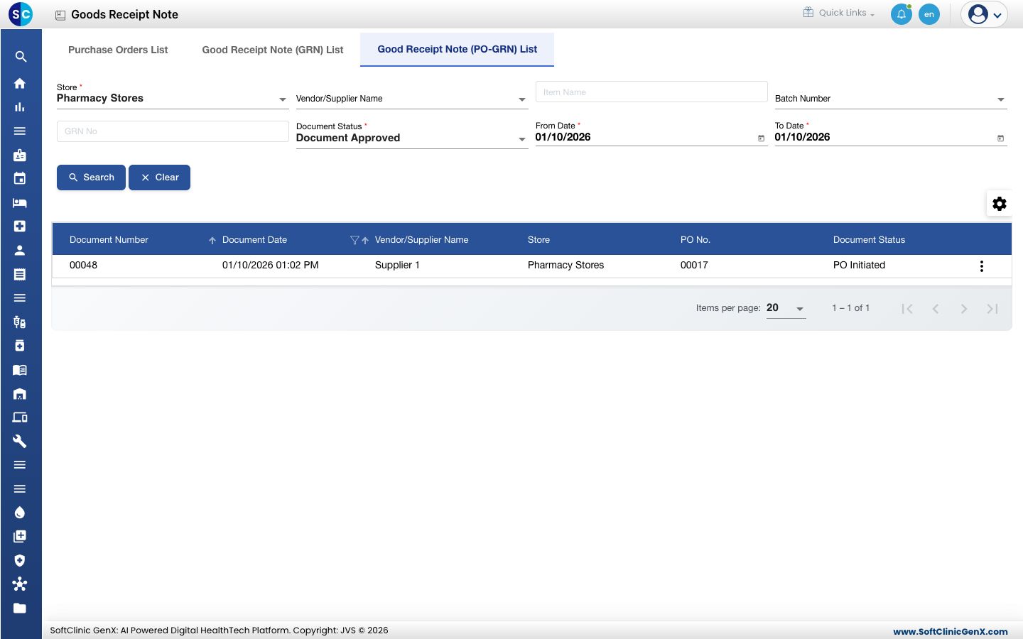 The Good Receipt Note (PO-GRN) List with the new GRN and its purchase order number