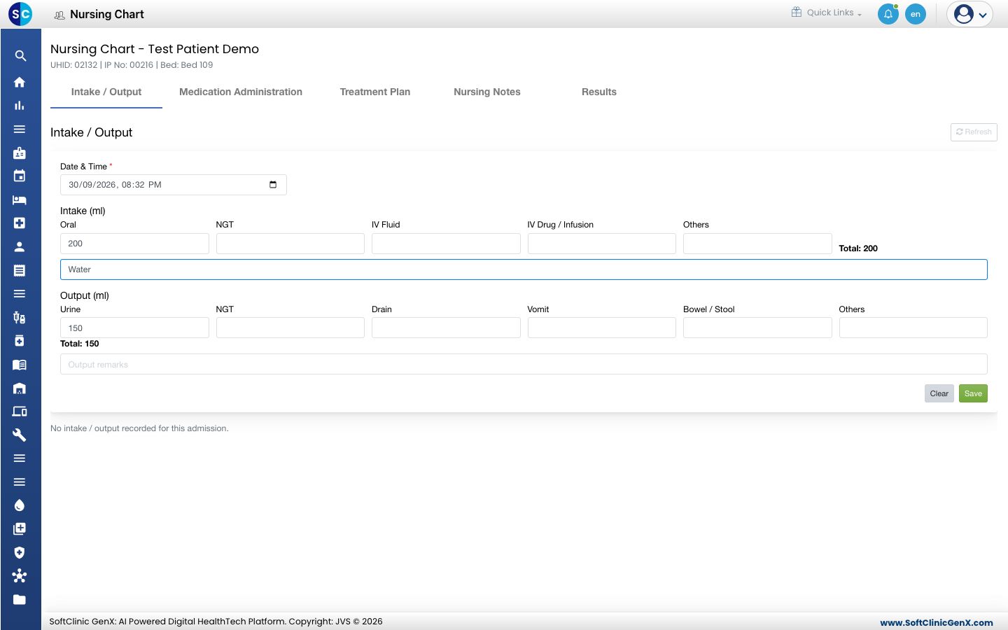 The intake and output form filled in
