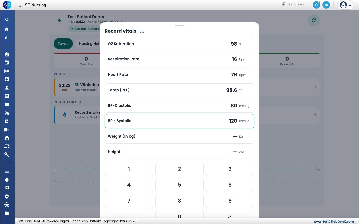 The Record vitals sheet with values entered