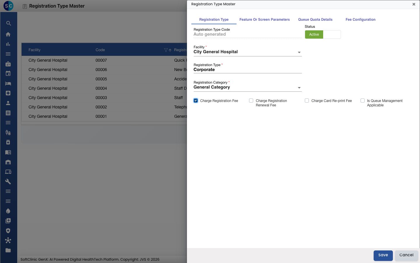 The Registration Type tab filled in, with Charge Registration Fee ticked