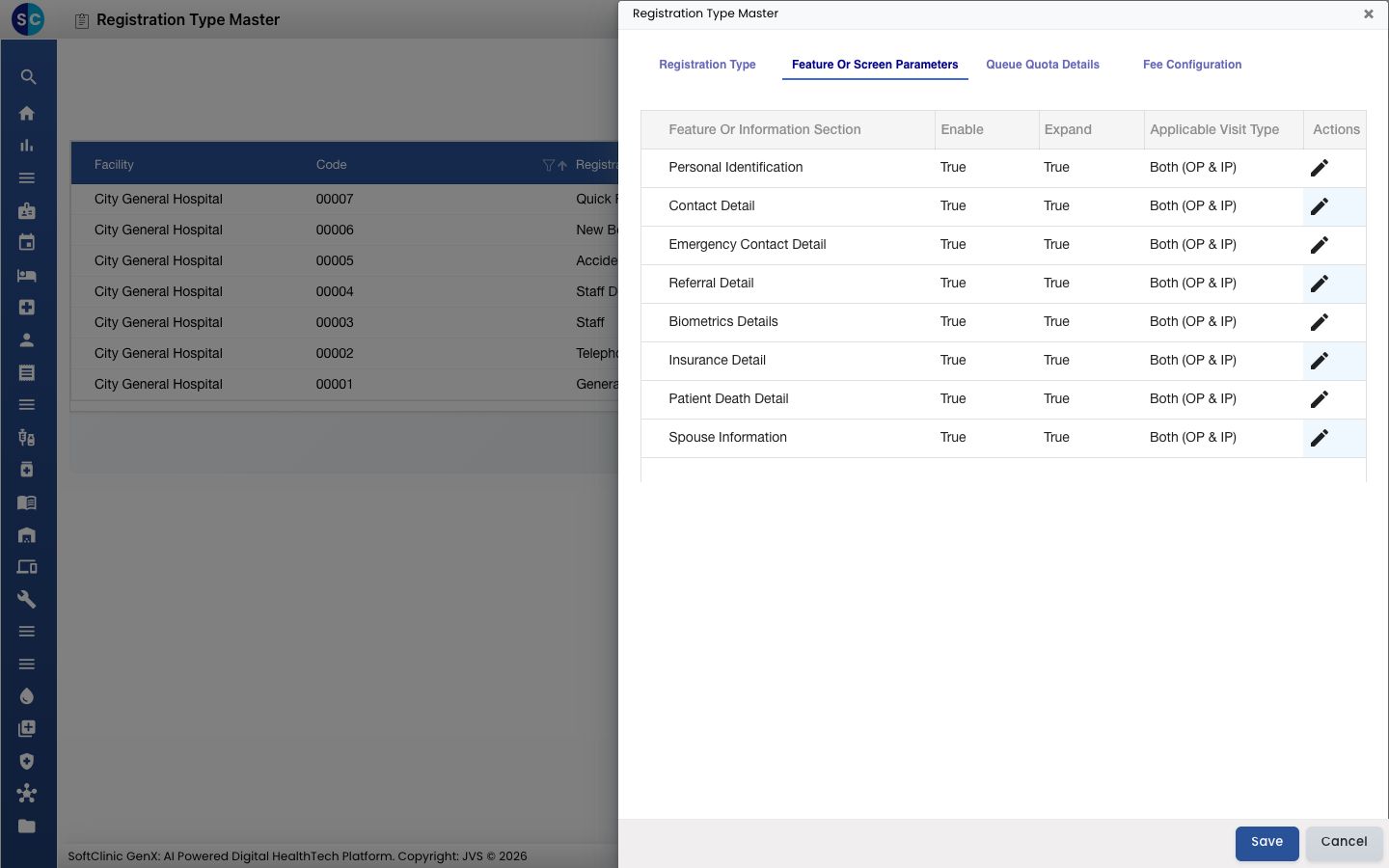The Feature Or Screen Parameters tab listing the registration form sections