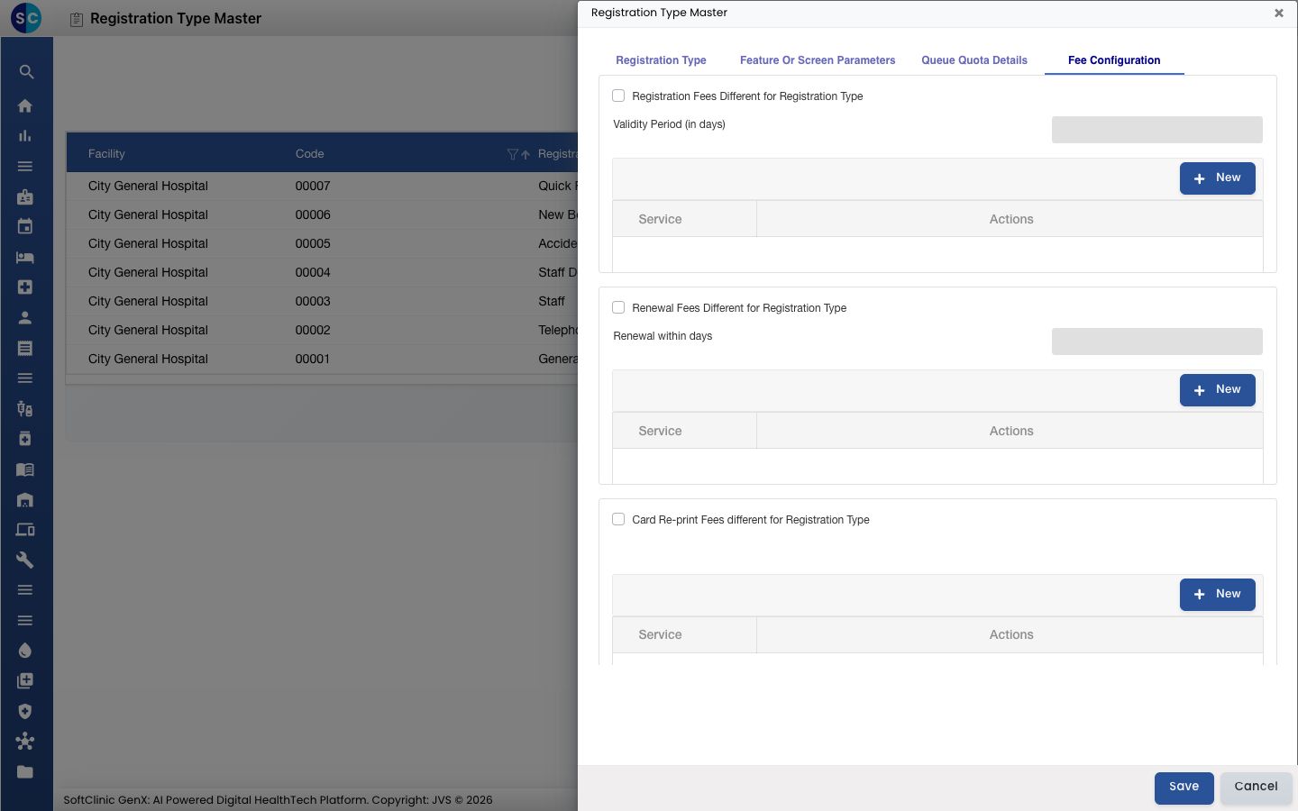 The Fee Configuration tab with the registration, renewal and card re-print sections