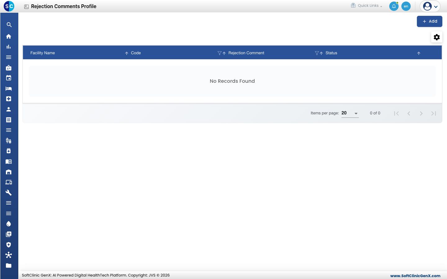 The Rejection Comments Profile list before any comment has been added