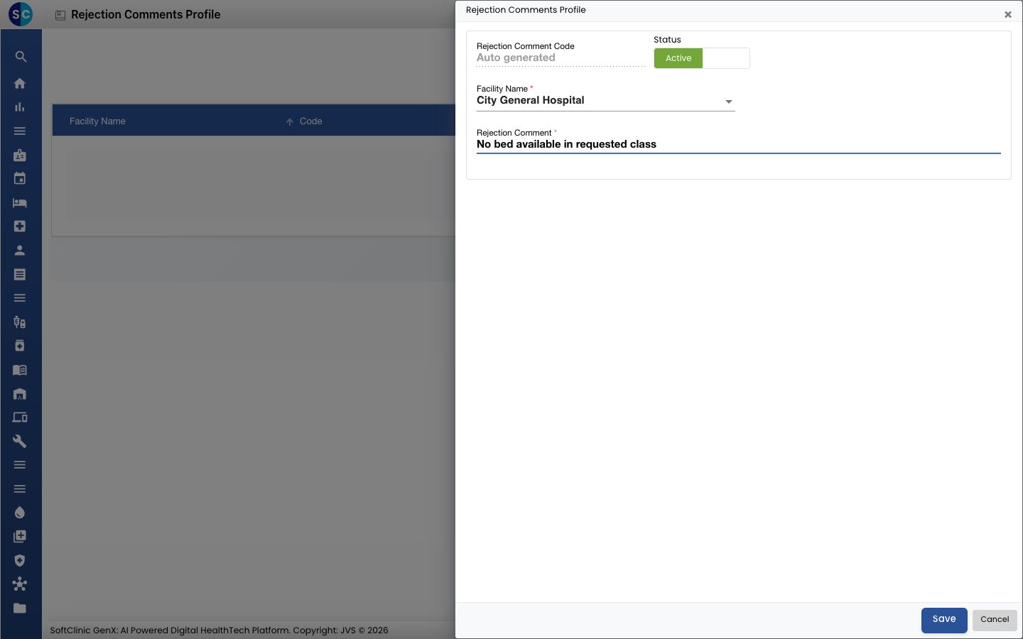 The Rejection Comments Profile form with a comment entered