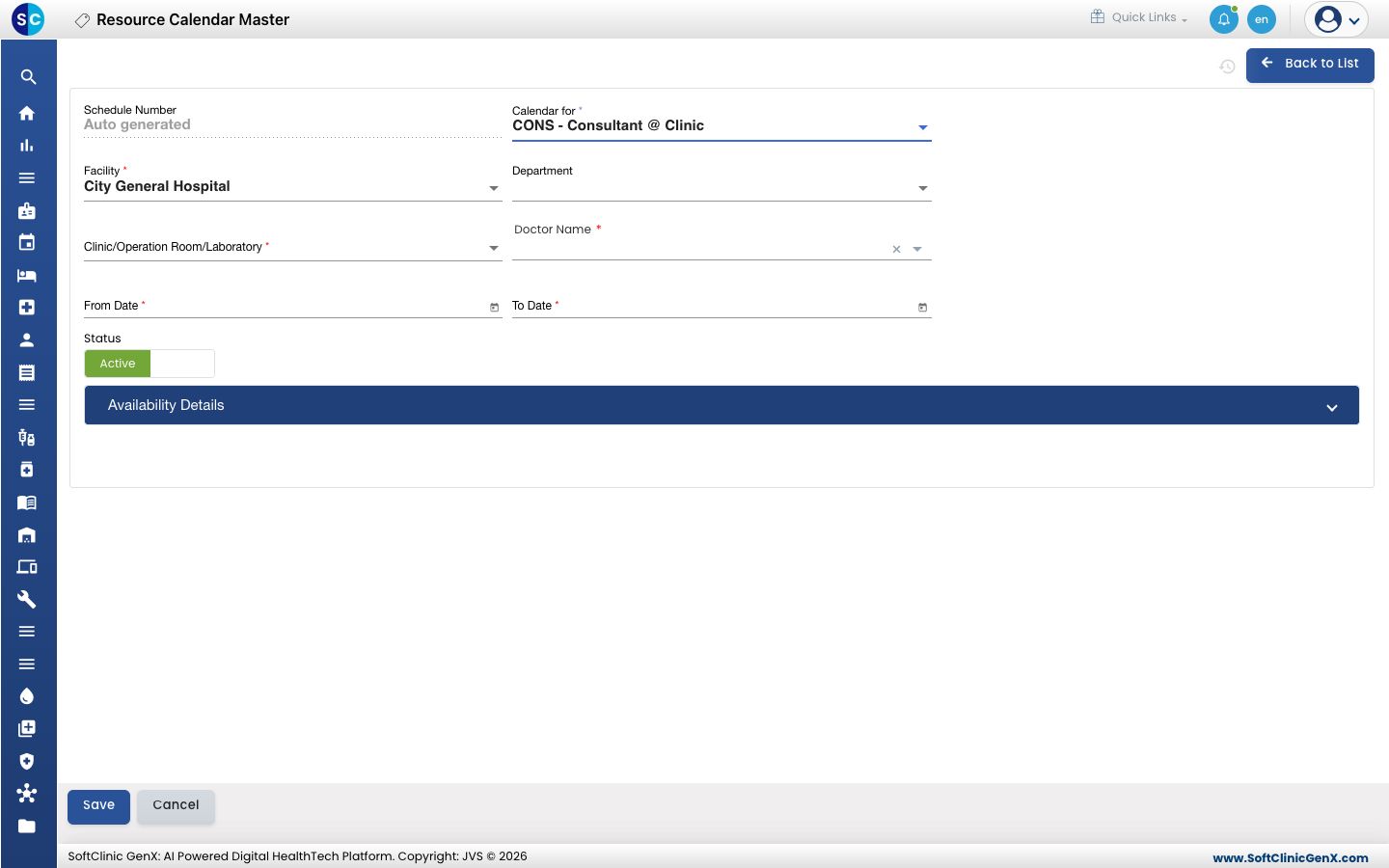 The empty resource calendar form