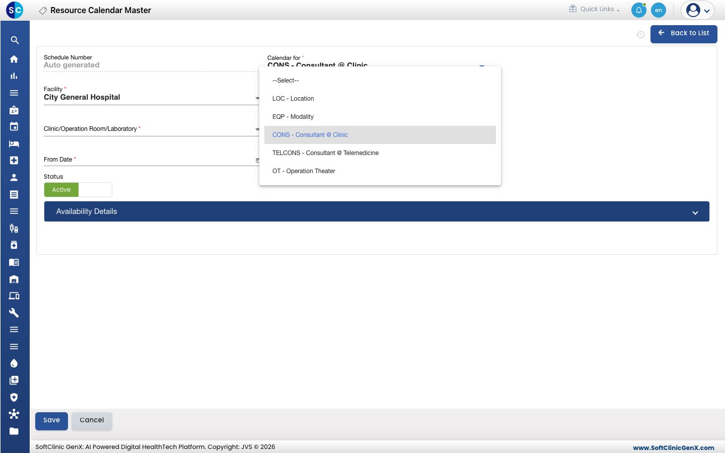 The Calendar for list: Location, Modality, Consultant @ Clinic, Consultant @ Telemedicine and Operation Theater