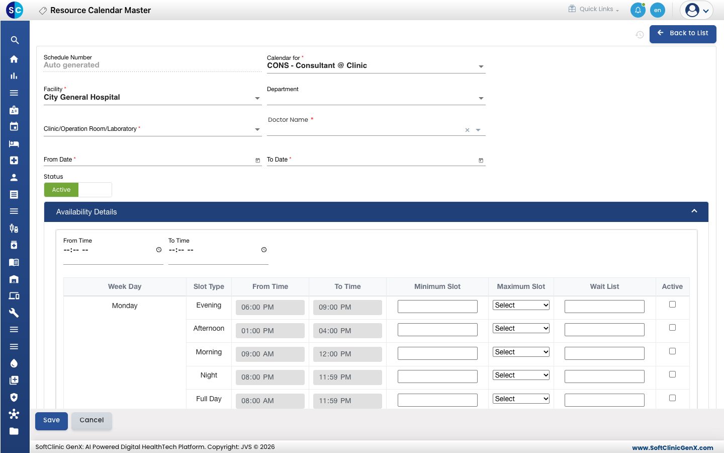 The Availability Details table with a row for each weekday and session