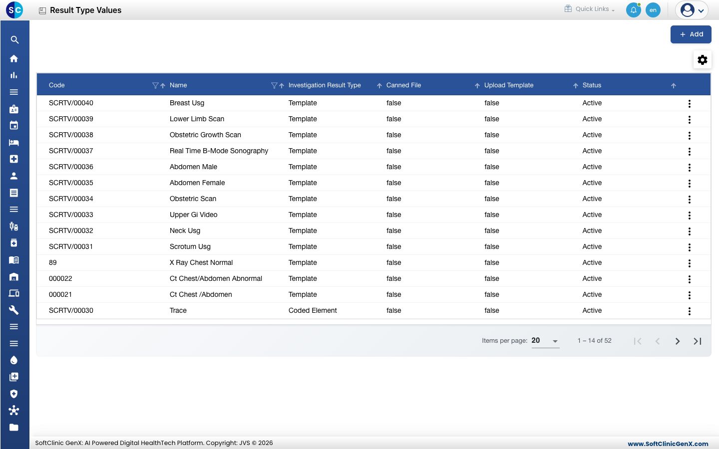 The Result Type Values list with code, name, result type and status