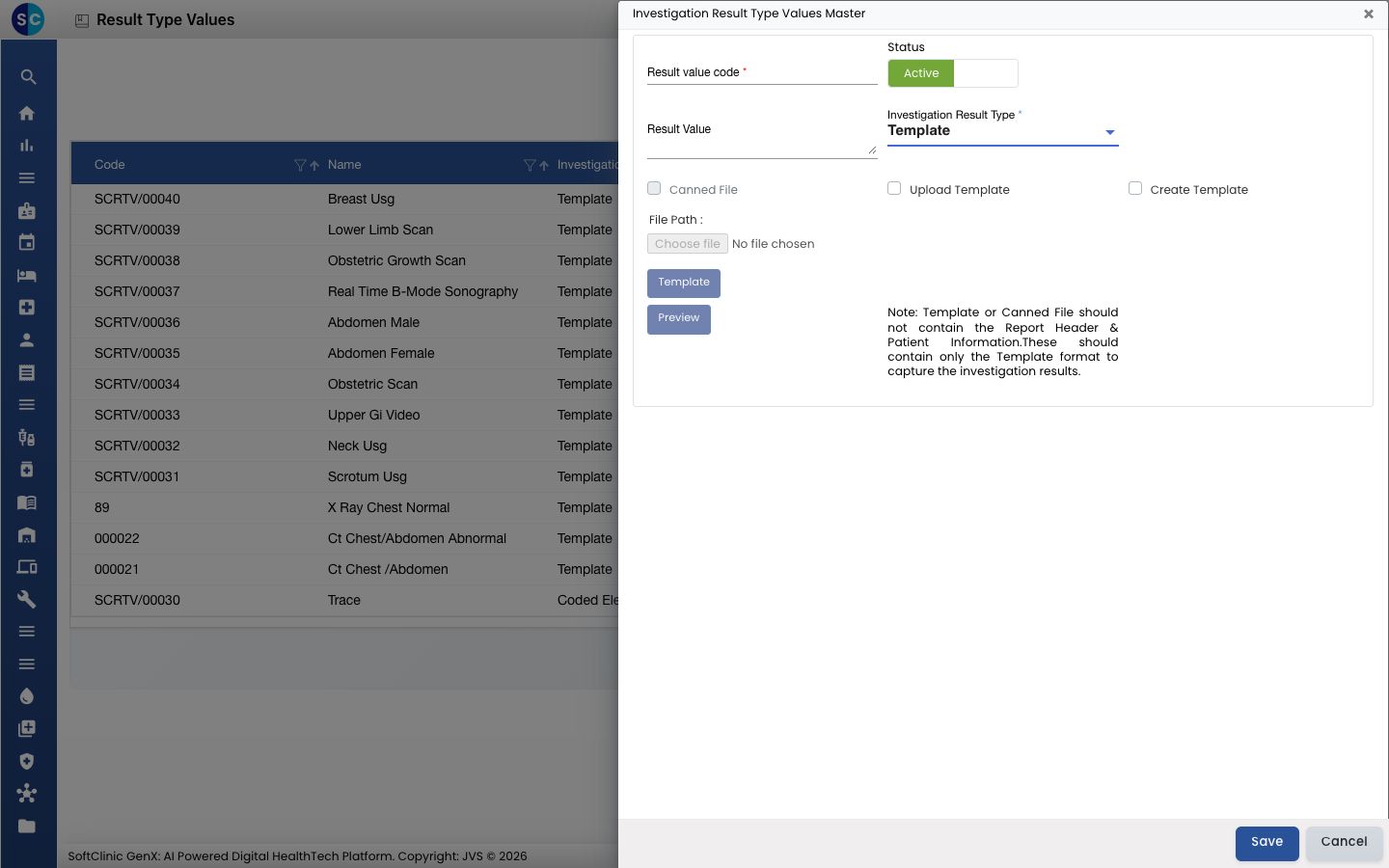 The form with Template selected