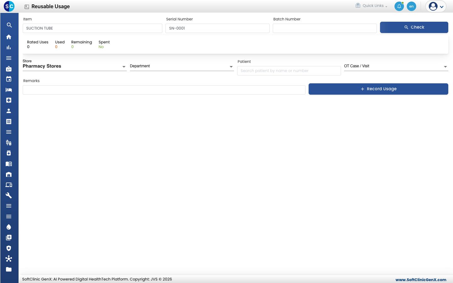 The unit checked, with its use count and the usage details