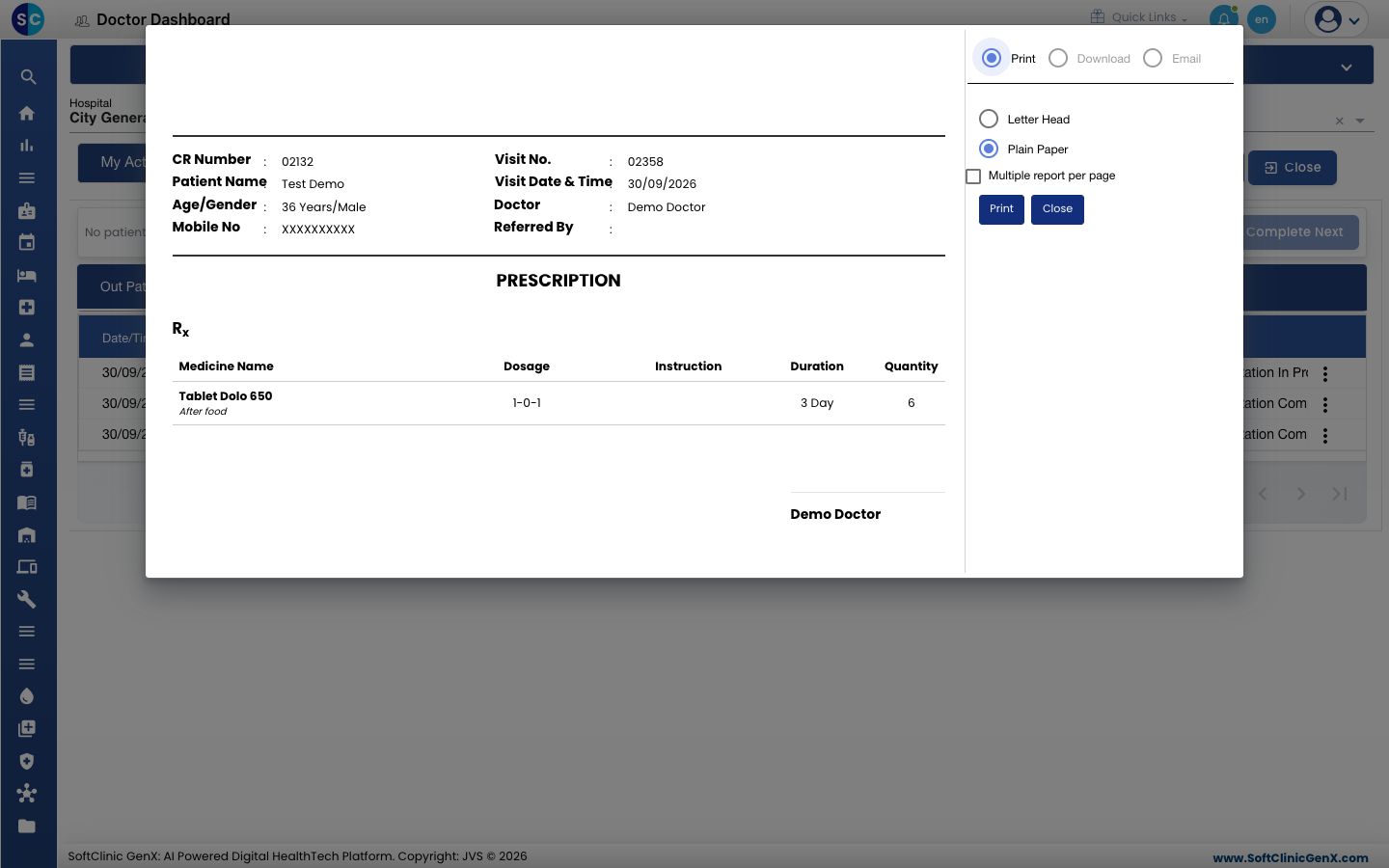 The prescription preview with the print choices on the right