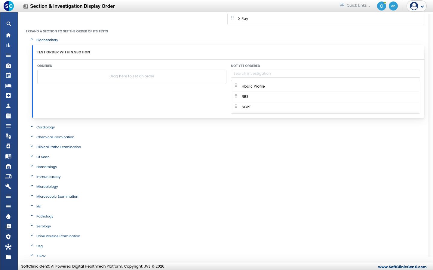 The test order panel for one section