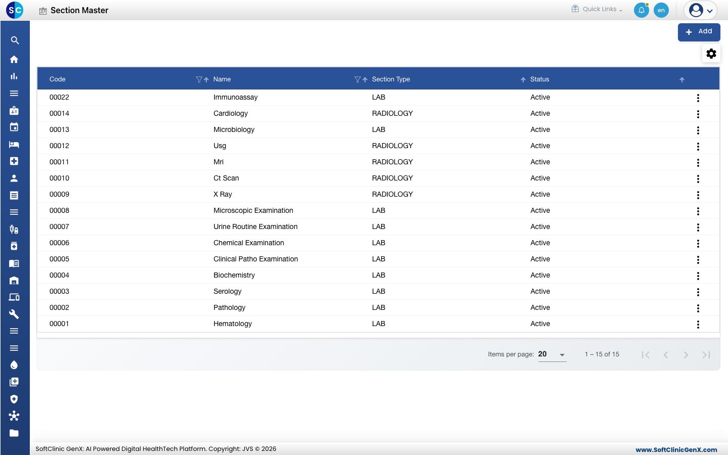 The Section Master list with codes, names, section type and status