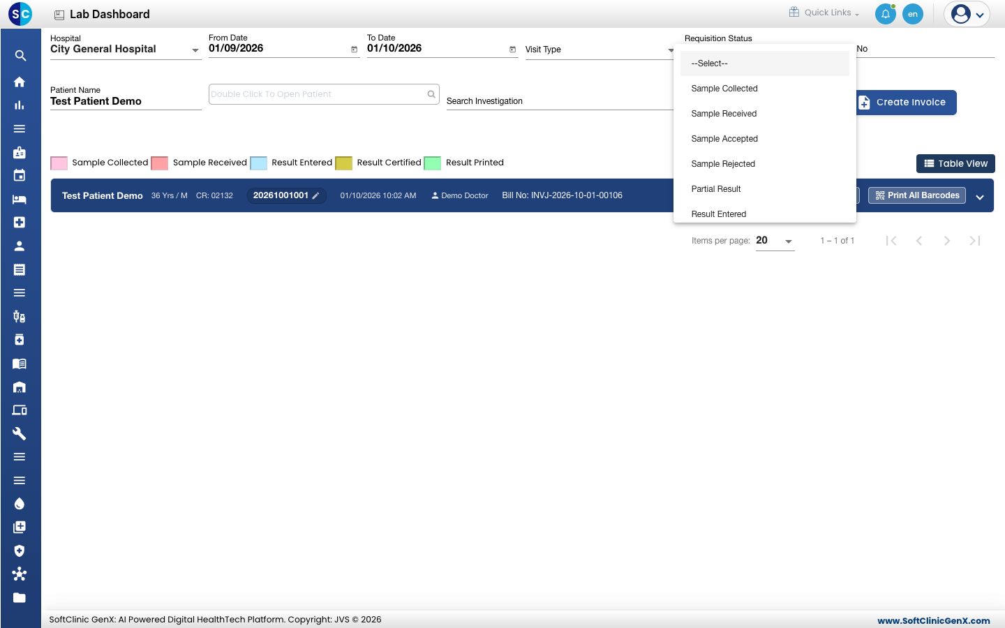 The Lab Dashboard filtered to one patient, with the Requisition Status list open