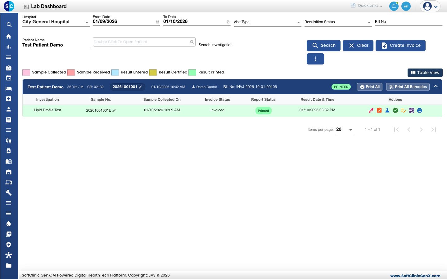 An open order card with one test and its action icons
